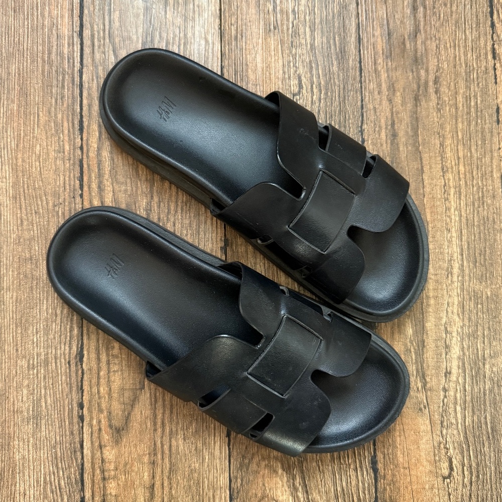 Black Leather European Designer Style H&M Sandal Slides